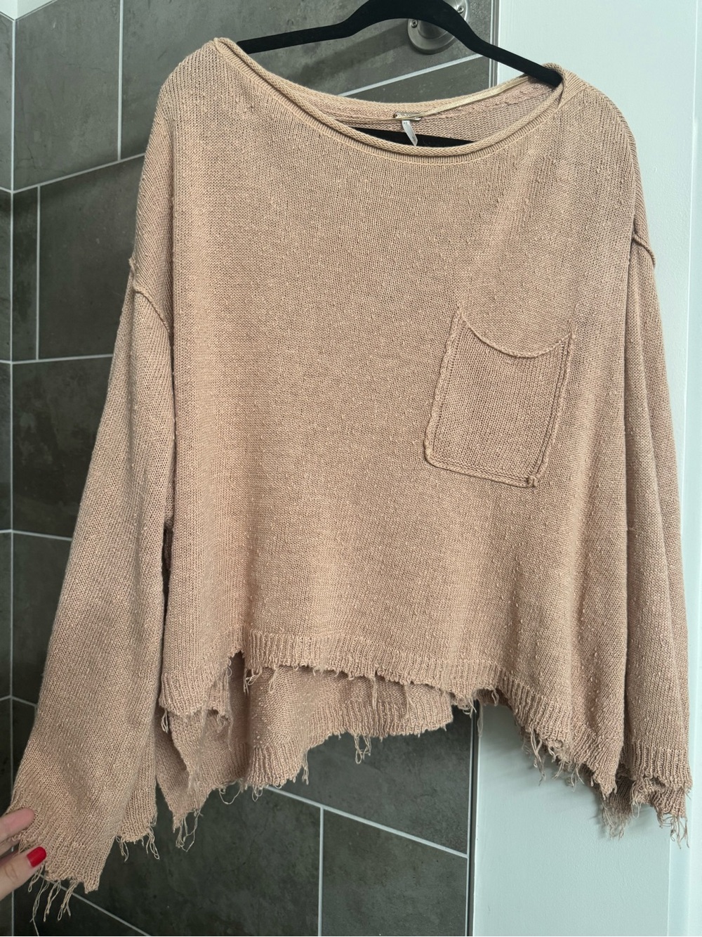 Free People Distressed Pocket Scoop-Neck Sweater - Beige